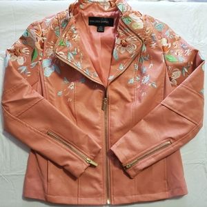 Colleen Lopez Moto Jacket Faux Leather Peach / Floral Embroidery Size XS NWOT